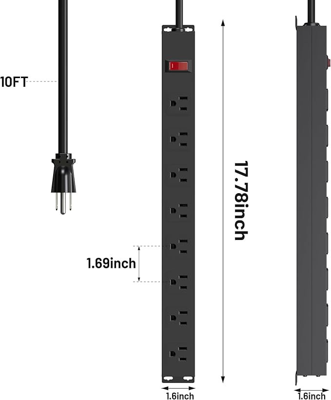 8 Outlet Metal Power Strip 10ft,Heavy Duty Power Strip with Wide Spaced,Black Power Strip with Long Cord for Kitchen,Office,School,Commercial,Workshop,Industrial,1825W/125V/15A,Black (10FT)