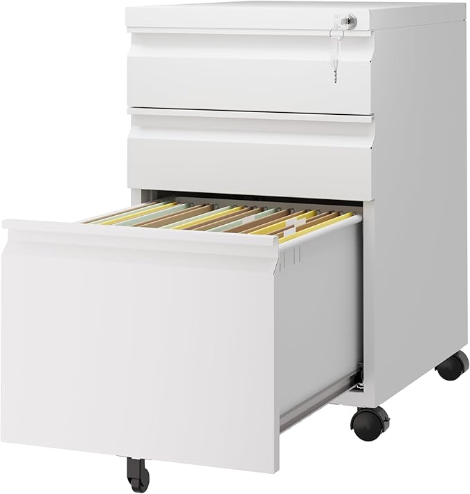 3 Drawer Mobile File Cabinet with Lock,Under Desk Storage Cabinet for Home Office,Vertical Filing Cabinet Fits A4 or Letter Size(Unassembled,White)