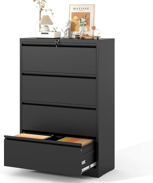4 Drawer Lateral File Cabinet with Lock, Metal Lateral Filing Cabinet for Home Office, Steel Wide Horizontal Filing Cabinets for Letter/Legal/A4/F4 Hanging Files (Black)