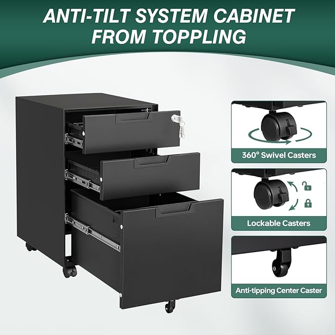 Mobile File Cabinet,3 Drawer Locking Storage Filing Cabinet,Office Metal Storage Cabinet on Wheels for Legal/Letter/A4 File(Fully Assembled,Black)