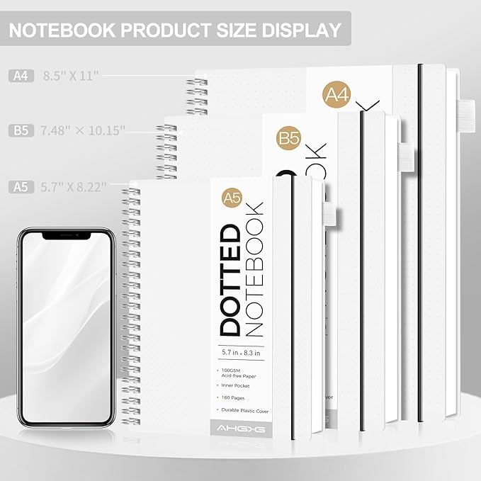 AHGXG Bullet Dotted Journal - Dot Grid Spiral Notebook 8.5" x 11", A4 Large Dotted Notebook, 100 GSM Thick Paper, Waterproof Plastic Cover Journals for Bullet Journaling, Sketching, Transparent