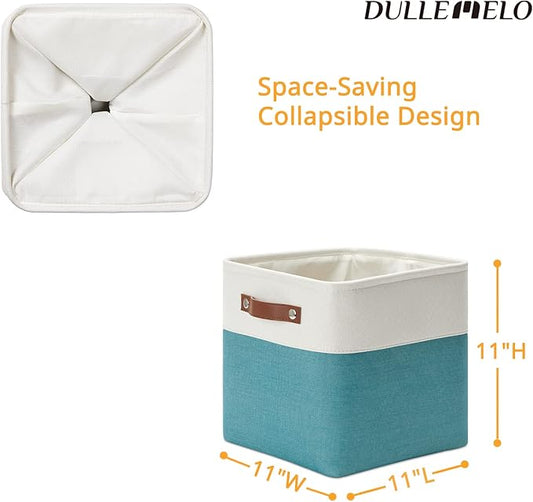 DULLEMELO Foldable Storage Cubes 11 x 11 Organizer Bins,Canvas Storage Bins Empty Gift Baskets for Organizing with SturdyLeather Handles, Closet Baskets for Nursery Storage(4 Pack - 11" White&Teal)