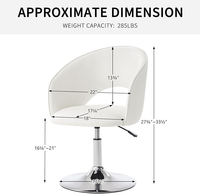 Furnimart Vanity Chair White Leather Vanity Stool, Height Adjustable Accent Chair with Back, Round Swivel Makeup Chair for Living Room Bedroom Vanity Makeup Room (PU White)