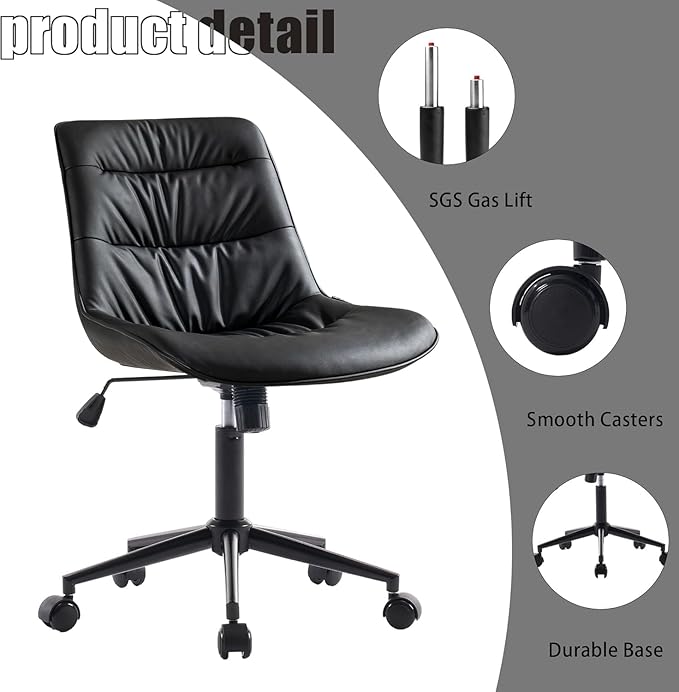 Kidol & Shellder Faux Leather Office Chair, Adjustable Swivel Height Task Chair, Rolling Wheels & Soft Backrest - Armless Ergonomic Desk Chair for Home, Office,Vanity,Gaming(Black)