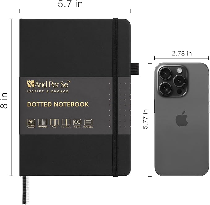 &And Per Se Dotted Journal Notebook, A5 Hardcover Leather Bullet Dotted Journal, 160 Pages 100 gsm Thick Dotted Paper,3 Sheets of Stickers Included (Black)