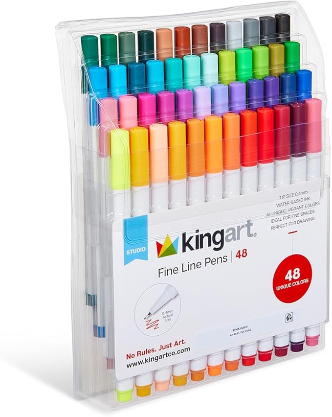 KINGART 418-48 FINE LINE PEN Marker Set, 48 Unique Colors, Size 04 mm Tip, Set of 48