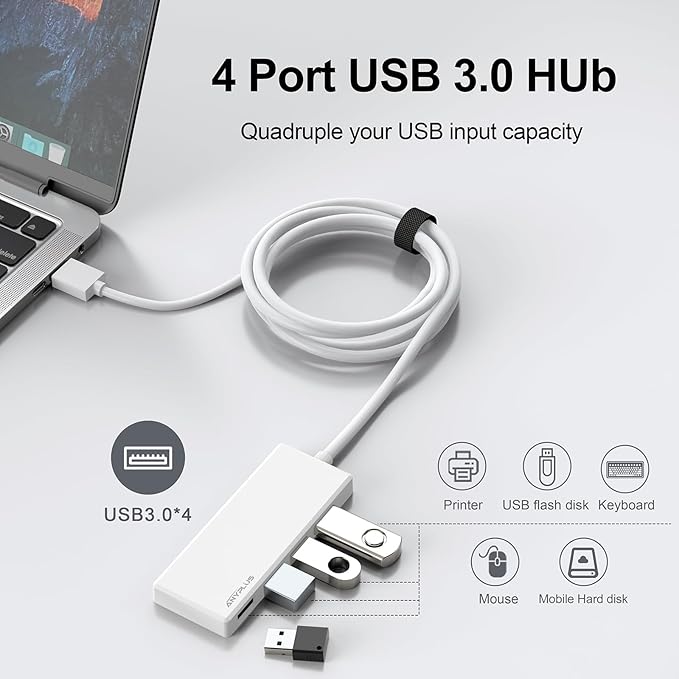 USB Hub, Multiport USB Splitter Adapter, 2 ft Long Cable USB 3.0 Hub, USB Extender for Laptop, PC, iMac, Surface Pro, MacBook, Mac Pro, Flash Drive, XPS, Mouse, HDD【White】