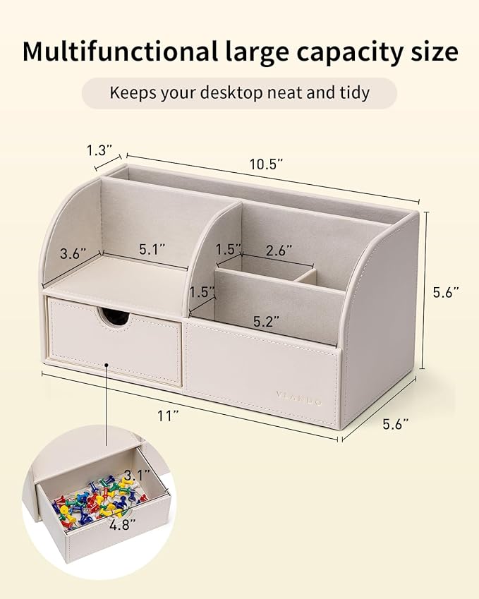 Vlando Office Supplies Desk Organizer Caddy, PU Leather Office Organization and Storage,Desktop Hanging File Letter Document Storage Holder with Drawer Beige