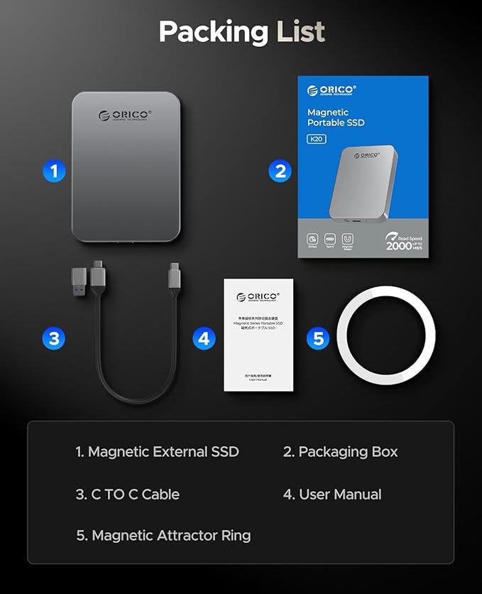 ORICO 2TB Magnetic Portable SSD, Metal Body, 4K 120 fps ProRes HDR Record and Store, Up to 460MB/s, USB C&A 2 in 1 Cable, External SSD Compatible with iPhone 16 Pro Max, Tablet, Computer - K5PLUS