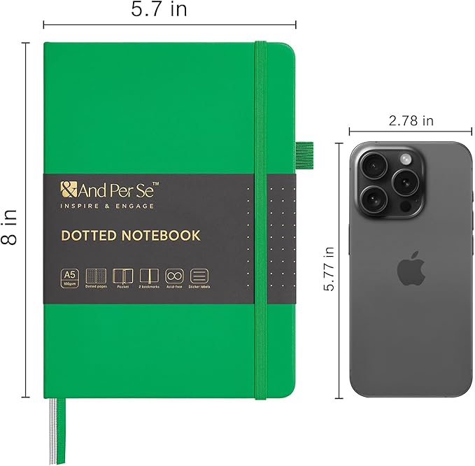 &And Per Se Dotted Journal Notebook, A5 Hardcover Bullet Dotted Journal, 160 Pages 100 gsm Thick Dotted Paper, 3 Sheets of Stickers Included - 5.7'' x 8''(Emerald)