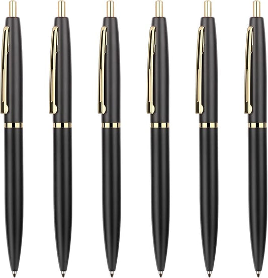 Unibene 6 Pack Black & Gold Click Ballpoint Pens -1.0mm Medium Point Black Ink with 6 Stainless Steel Refills for Business Office Students Teachers Wedding Christmas