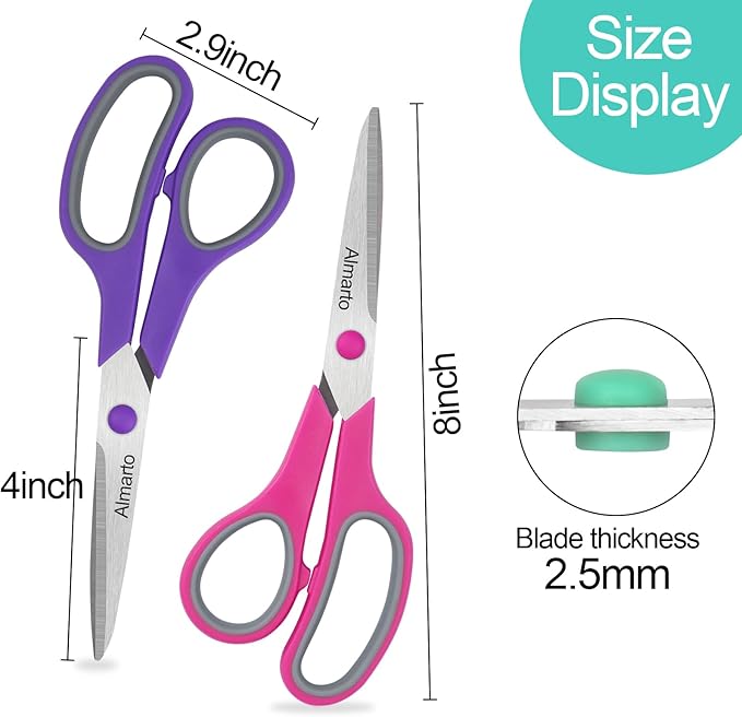 Scissors, Rkqoa 8" All Purpose Titanium Scissor Set of 6 Pack - 2.5mm Thick Sharp Scissors Bulk for Office School Sewing Craft Supplies, Classroom Must have, Teacher/Class Shears, Right/Left Handles