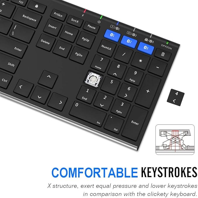 Arteck HB192 Universal Bluetooth Keyboard Multi-Device Stainless Steel Full Size Wireless Keyboard for Windows iOS Android Computer Desktop Laptop Surface Tablet Smartphone Rechargeable Battery