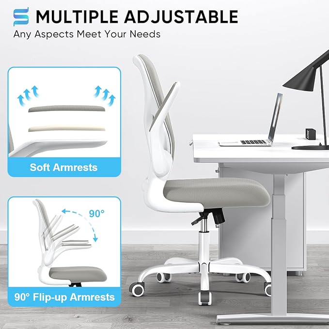 Sytas Ergonomic Desk Chair with Padded Flip up Arms and Supportive Lumbar Support, Breathable Mesh Home Office Chair with Comfortable Cushion for Home or Office(Gray)