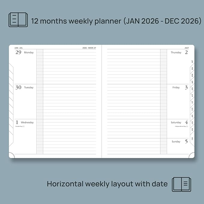 POPRUN Weekly Planner 2026 Calendar (Large 8.5" x 10.5") 12 Months Notebook with Horizontal Layout, Leather Hardcover, Inner Pocket, 100GSM Thick Paper, Pen Holder - Black