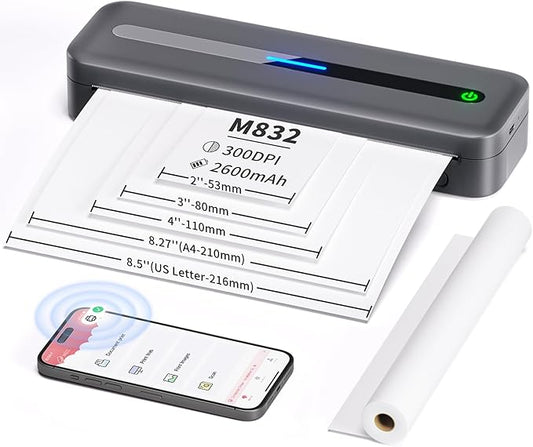 COLORWING Portable Printers Wireless for Travel, 300DPI Mini Compact Inkless Printer, Thermal Bluetooth Printer Compatible with Android and iOS Smartphone & Tablet & Laptop - Gray