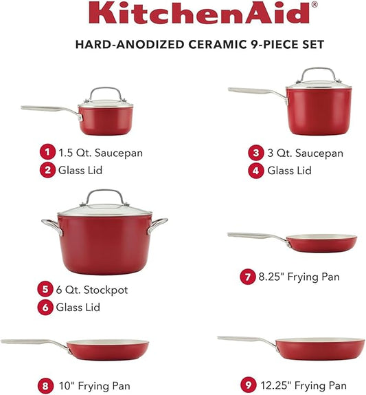 KitchenAid Hard Anodized Ceramic 9-Piece Nonstick Cookware Set – Includes Fry Pans, Saucepan, Stockpot, Durable, Even Heating, Oven Safe to 500°F, Empire Red