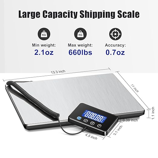 Shipping Scale, 660lbs Heavy Duty Digital Postal Scale for Packages, 0.35oz High Accurate Postage Scale for Small Business, Luggage, Home Use, Battery & Charging Cable Include