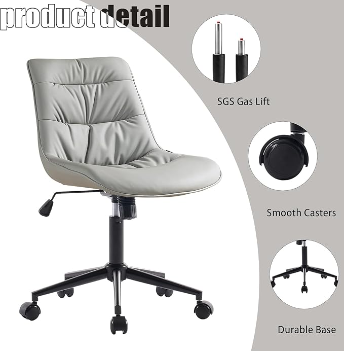 Kidol & Shellder Faux Leather Office Chair, Adjustable Swivel Height Task Chair, Rolling Wheels & Soft Backrest - Armless Ergonomic Desk Chair for Home, Office,Vanity,Gaming(Gray)