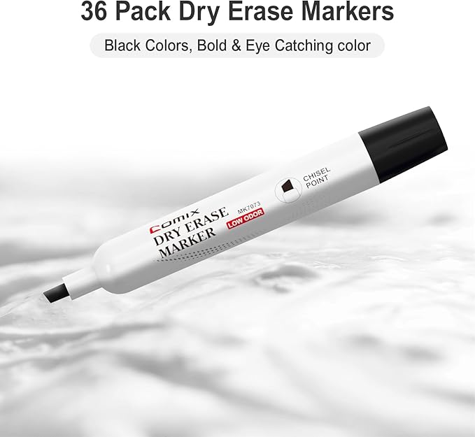 Comix Low Odor Dry Erase Markers, 12 Bulk Black Color Whiteboard Markers, Chisel Tip Thick Markers for Kids Teachers