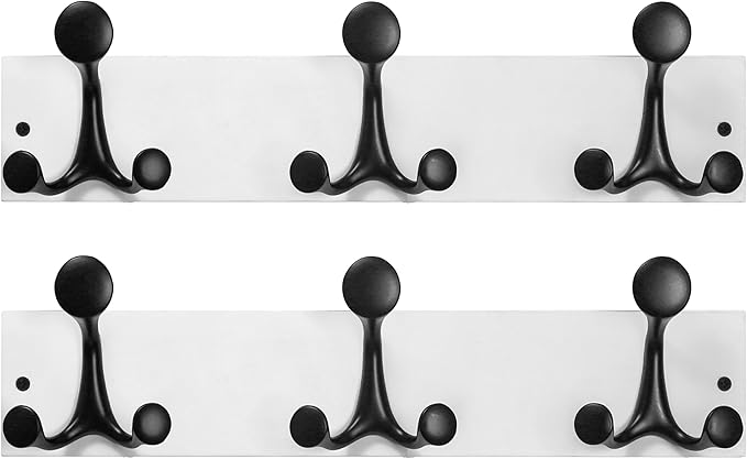 SKOLOO 17-Inch White Wood Coat Rack Wall Mount with 3 Triple Hooks - Ideal for Family Entrances, Classrooms, and Pet Supplies Storage - Perfect Coat Hooks for Wall, Pack of 2
