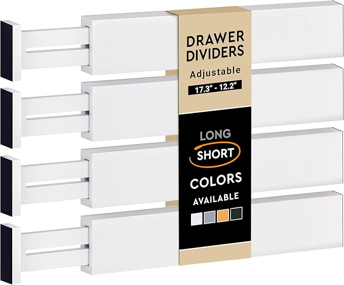 4 Pack Drawer Dividers Bamboo 2.6" High, 12.5"-17" Adjustable Drawer Organizers for Clothes, Expandable Dresser Separators in Bedroom/Bathroom/Kitchen/Office Organization and Storage (White)