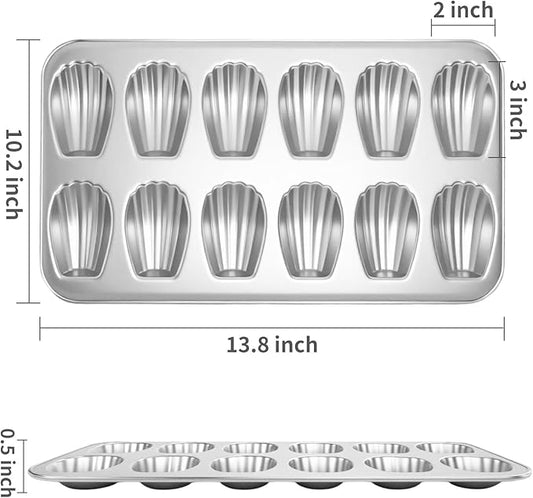 Madeleine Pans Set of 2, Nonstick 12-Cavity Madeleines Mold Cookie Tray for Baking, Heavy Duty Warp Resistant Cute Shell Shape Madeleine Mold Cake Pan - Silver