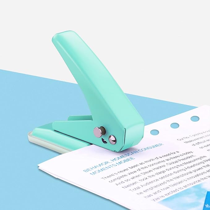 Single Hole Puncher Handheld 1/4 Inches Hole Punch, 20 Sheet Paper Punch Capacity Metal Hole Puncher with Skid-Resistant Base for Paper, Chipboard, Art Project, Green
