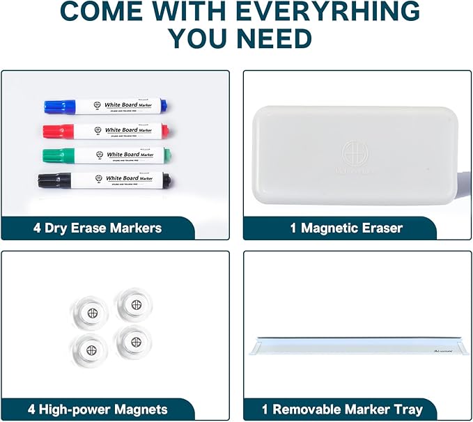 J&J worldwide Glass Whiteboard, Magnetic Brilliance White Dry Erase Board 36" x 60" Invisible Mount, Includes Markers, Marker Tray, Eraser for Wall, Office, Home, School