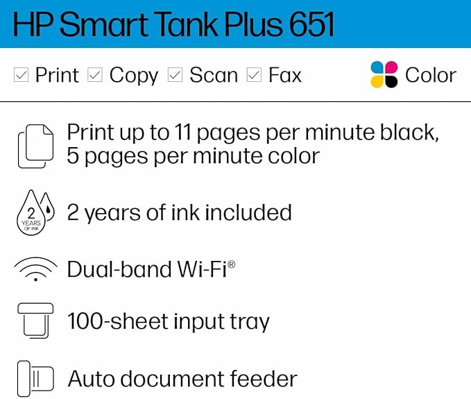 HP Smart -Tank Plus 651 Wireless All-in-One Ink -Tank Printer, up to 2 Years of Ink in Bottles, Auto Document Feeder, Mobile Print, Scan, Copy,, Fax, Works with Alexa (7XV38A)