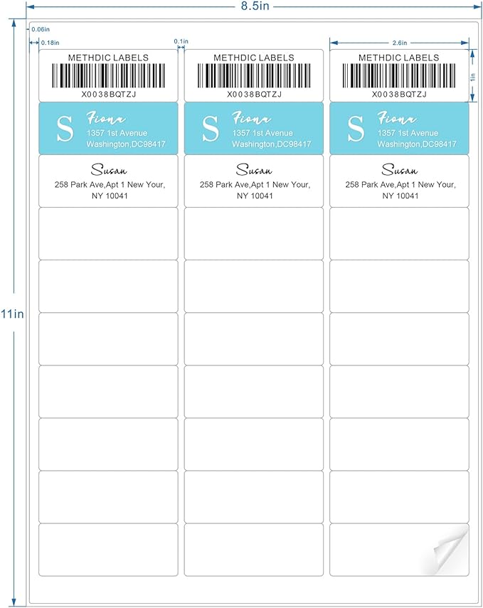 Methdic Address Labels 1" x 2-5/8" 3000 Labels Sticker Paper for Laser/Ink Jet Printer Mailing Labels 8.5"×11" White 30 per Sheet