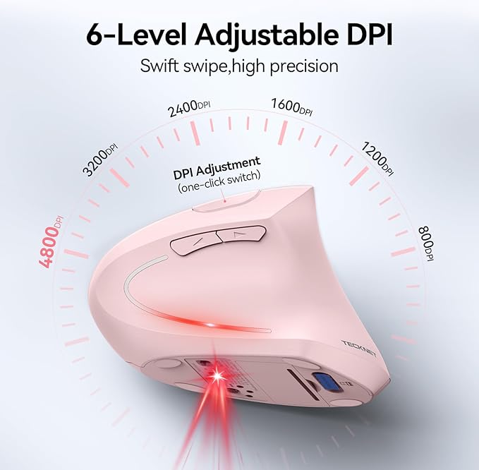 TECKNET Ergonomic Mouse, Wireless Bluetooth Vertical Mouse, 4800 DPI Optical Tracking, 6 Adjustable DPI, Quiet Clicks, 2.4GHz with USB A Receiver, 12 Months Battery, 6 Buttons, Wide Compatibility