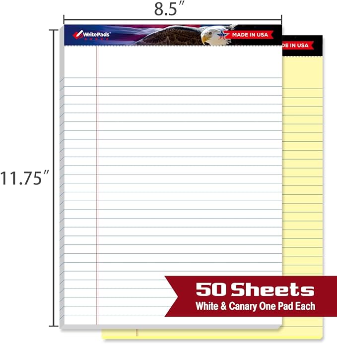 KAISA Legal Pads Letter Size Wide Ruled Writing Pads, 8.5x11 Legal Pad Note Pads 50 Sheets Per Pad,Ruled Paper Notepads, 20 lb Heavy Paper, Rigid Back, Veteran 2 Pads,BK-3098,Made In The USA