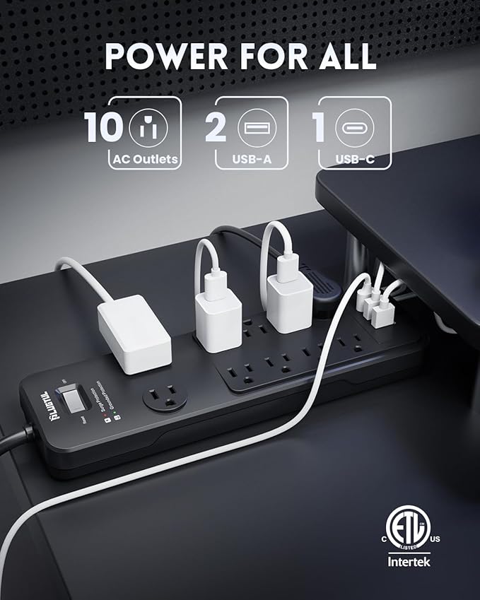 Surge Protector Power Strip 10FT, PLUGTUL Surge Protector with 10 Outlets - Spacious Design for Large Plugs, Flat Plug, 20W USB C Charging for Home, Office, ETL Listed,2040J