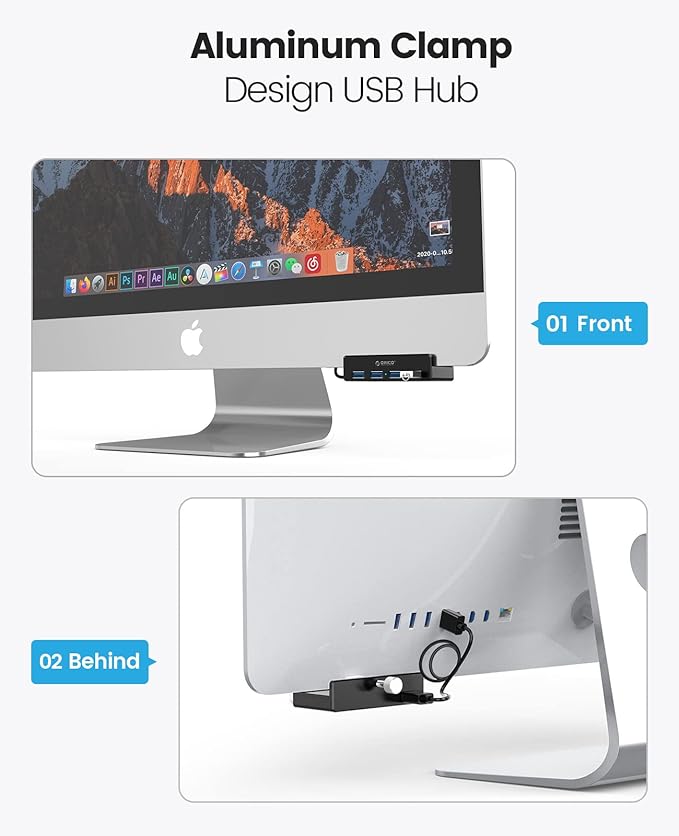 ORICO USB 3.0 Hub, USB Hub Clamp, Aluminum 4-Port USB Splitter with 4.92 FT USB Data Cable, Desktop Powered USB Hub for Monitors/Desks-Black (Without Power Adapter)