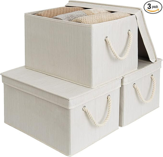StorageWorks Storage Bins with Lids, Decorative Storage Boxes with Lid and Soft Rope Handles, Foldable Storage Baskets for Closet, Shelves, Stackable, Mixing of Beige, White & Ivory, Jumbo, 3-Pack