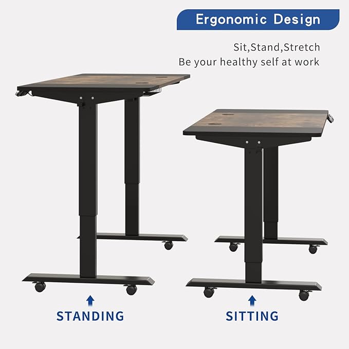 Electric Adjustable Height Standing Desk, 55 x 24 inches Sit - Stand Desk for Work or Home Office 4 Preset Heights Easy to Set, Rustic Brown + Black Splice Board/Black Frame
