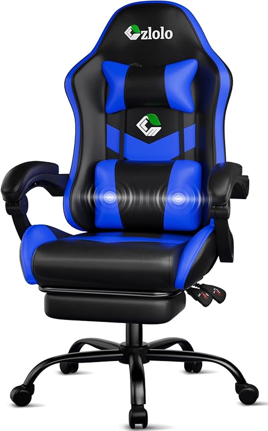 Gaming Chair, Ergonomic Office Computer Chair with Footrest and Lumbar Support Massager Racing Style High Back Video Gamer Chair, Wide&Thick Cushion, 90°-135° Recline, Adjustable Height, Blue