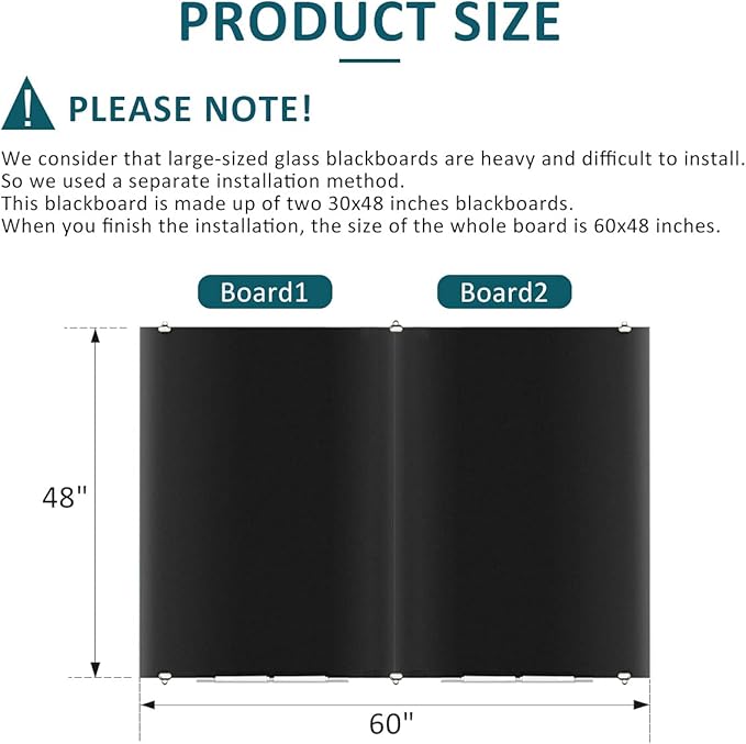 2-in-1 Black Glass Dry Erase Board 60" x 48" - Large Splicing Magnetic Tempered Glass Whiteboard for Wall, Frameless Glass Blackboard Bulletin Board for Office, Home, School