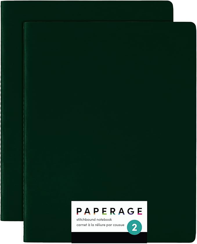 PAPERAGE Soft Cover Blank Journal Notebook, 2 Pack, (Dark Green), 100 Pages, Large 7.5 inches x 9.5 inches, Ideal for Sketch Book, Note Taking & Travel Journal