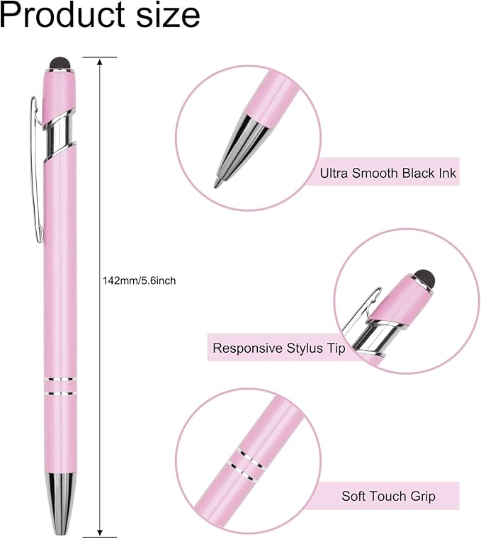 Ballpoint Pen Metal Soft Stylus Pen for Touch Screens,Retractable Tactile Turn Pen,Bulk Pens for Gifts Office Essentials,Medium Point,Black Ink (5 Pink)