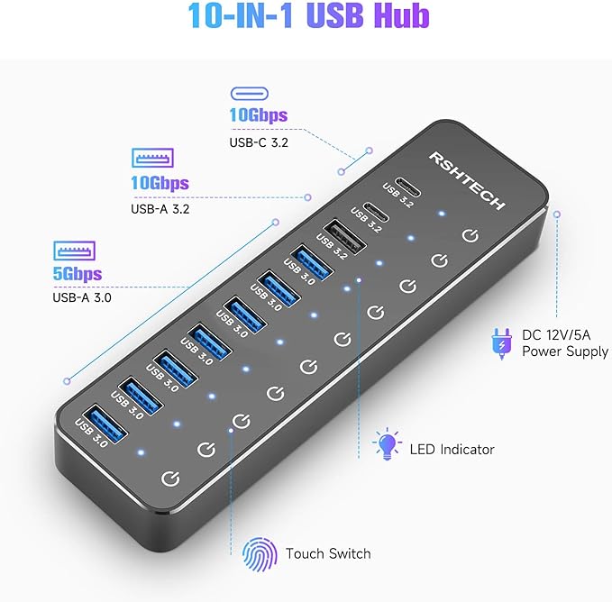 Powered USB Hub, RSHTECH 10-Port USB 3.2/USB C Hub 60W with 10Gbps USB-A 3.2, 2 USB-C 3.2, 7 USB 3.0 Ports, Individual Touch Switches and 3.3ft Cable, Hybrid USB Splitter for Laptop/PC, RSH-ST10C