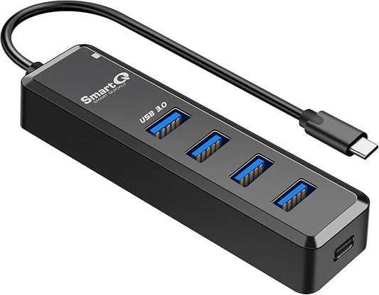 SmartQ H302 4-Port USB 3.0 Hub Long Cable 1ft 3ft with Micro-B Charging Port, Fast Data Transfer USB Hub, Compatible Windows PC, Mac, Surface Pro, Laptop, Printer (USB C - 0.5ft)