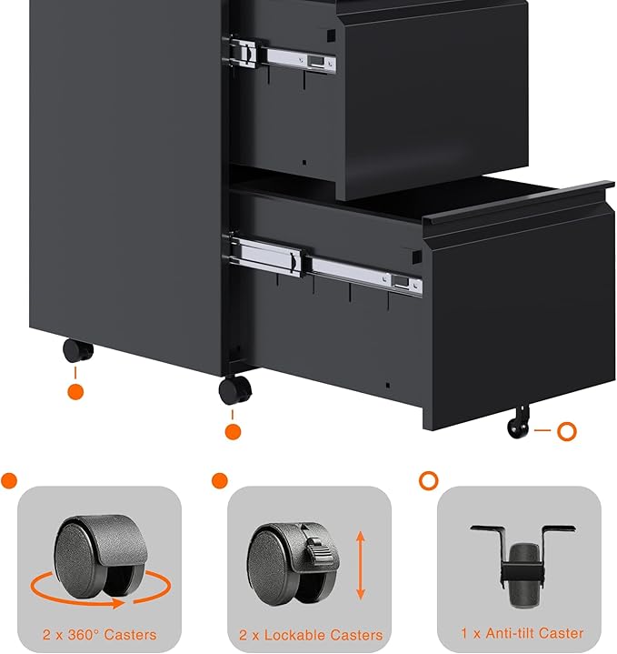 Aobabo Metal 2 Drawer Mobile File Cabinet with Lock, Under Desk Office Steel Filing Cabinet, 25.6''H Legal/Letter Size, Black, Fully Assembled Except Wheels