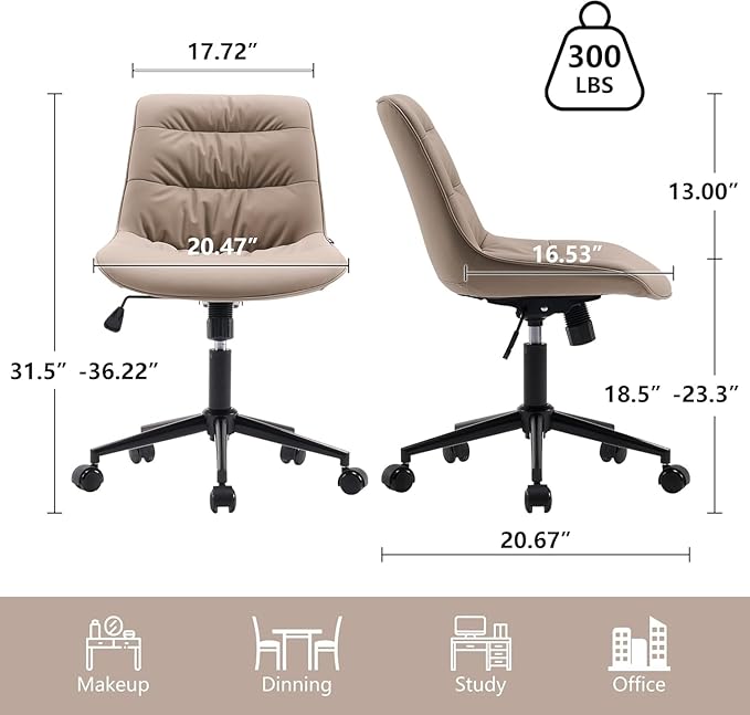 Kidol & Shellder Faux Leather Office Chair, Adjustable Swivel Height Task Chair, Rolling Wheels & Soft Backrest - Armless Ergonomic Desk Chair for Home, Office,Vanity,Gaming(Khaki)