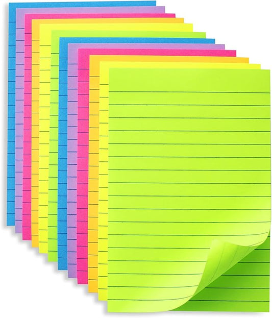 (12 Pack) Lined Sticky Notes 4x6 in Ruled Stickies Super Sticking Power Memo Pads Bright Colors