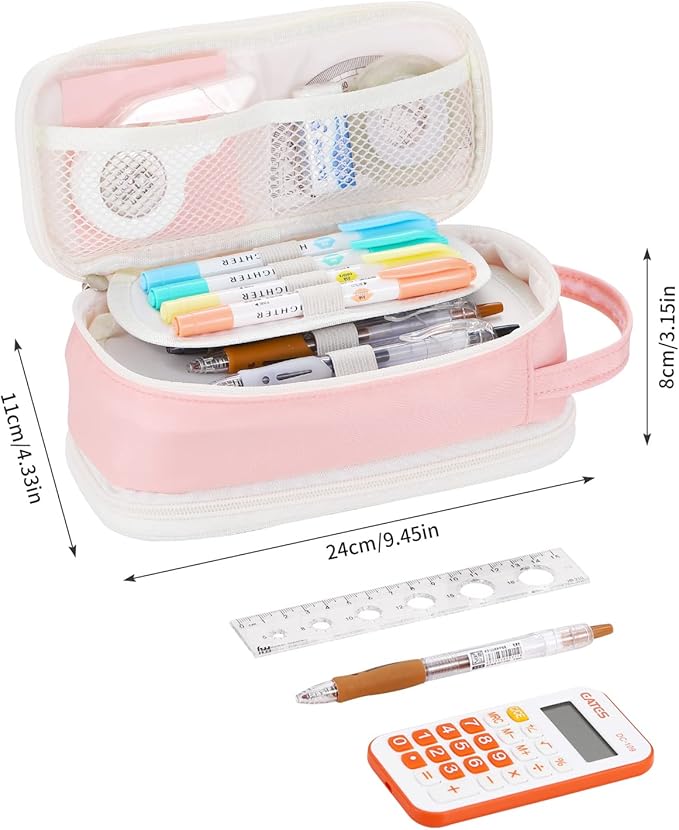 Dugio Big Pencil Case for Girls Teens Kids Zipper Pencil Pouch with Handle Organizer Pencil Bag Aesthetic Pencil Box for School Pink