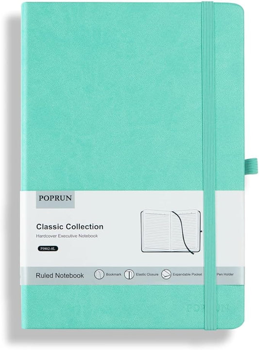 POPRUN A5 Lined Journal Notebooks, Leather Hardcover Thick Notebook for Writing, Business Work, Travel, School, College, Christmas, 5.5 x 8.3 inch, 240 Pages Classic Ruled Journals Notepad, Green