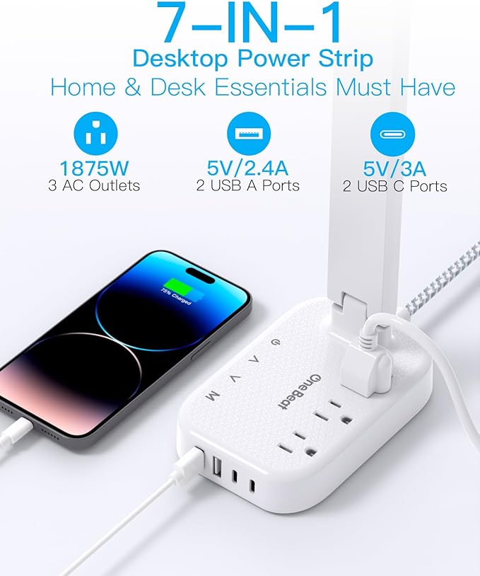 Power Strip with LED Desk Lamp, 3 Outlets 4 USB Ports(2 USBC) 4 Modes 5 Level Touch Lamp Small Desk Lamp for Home Office Bedroom Bedside, Study Reading Light, 5ft Extension Cord, Dorm Room Essentials