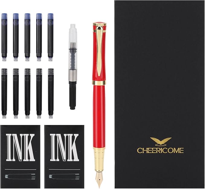 Cheericome Fountain Pen - Luxury Fountain pen set for Men & Women - Ink Pen for Smooth Writing - Fountain Pen Fine Nib,Includes 10 Ink Cartridges and Ink Refill Converter - Red